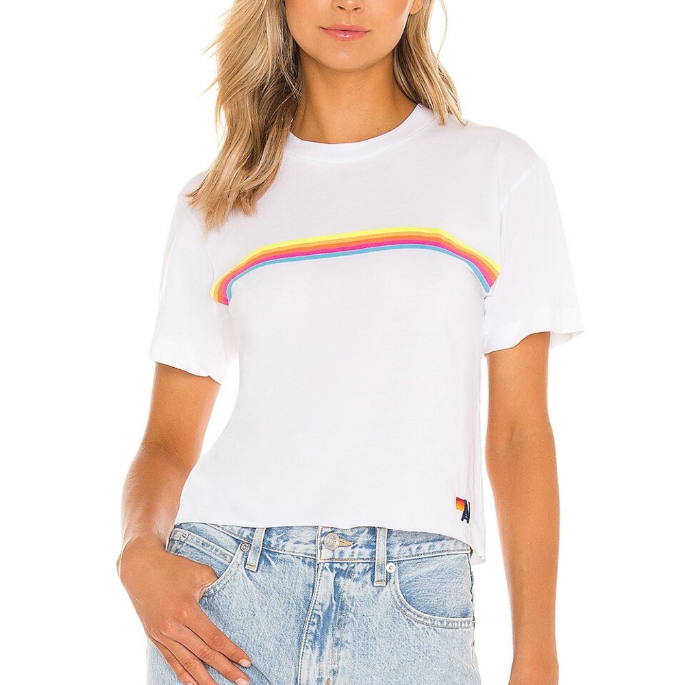 Aviator Nation White Rainbow Stripe Boyfriend Tee